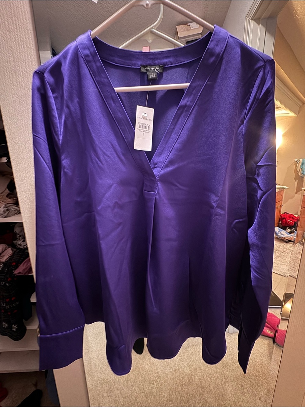 Ann Taylor Deep Purple V-Neck Satin Blouse